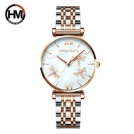 New Design Japan Akoya Pearl Shell Dragonfly Ladies Luxury Diamonds Scallop Stainless Steel Watches 