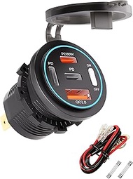 12V USB Outlet Charger PD 30W & QC 22.5W: 67.5W 4 Port USB Socket Car Charger with LED Light Power S