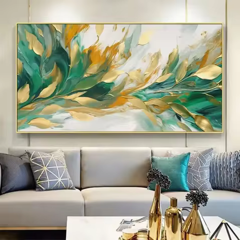 Abstract Leaves Full Square DIY Diamond Painting, Gold Art, Green Plant, Handmade Mosaic, Dimond Emb
