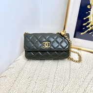 【閒置❤️】 Chanel  22K橄欖綠金扣羊皮mini woc 鏈條包手機包 單肩斜挎包