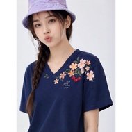 NEW ARRIVAL HANDESIGN T-SHIRT Wanita V-NECK NAVY COTTON COMBED FAITH Blooms / BLOOMS1