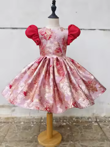 Red Pink Glitter Rose Brocade Satin Ball Gown for Girls Puff Baby Flower Girl Dress for Wedding, Bir