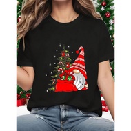 Women'S Christmas Gnome & Santa Hat Graphic T-Shirt - with Red & Gnome & Snowflake Print, Short Slee