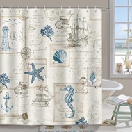 Bonhause Nautical Coastal Shower Curtain, Vintage Ocean Beach Seashell Seahorse Lighthouse Bathroom 