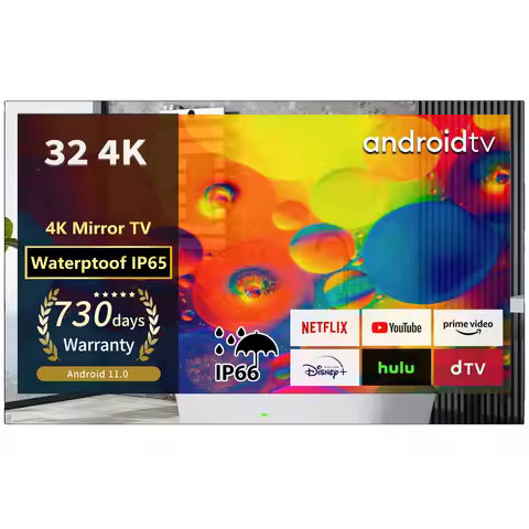 Soulaca 32inch Android11.0 Bathroom Mirror LED Smart TV with Big Screen Waterproof IP65 4K WiFi Blue