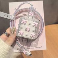 5pcs Bowknot Phone Charger Protective Case Set, Pink/Purple/Black Bowknot & White Pearl Design, Comp