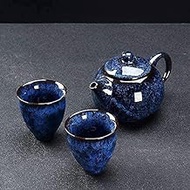 Ceramic Kettle Ceramic Teapot Set Ceramic Quick Cup One Pot Two Cups Two Two Simple Kiln Change Tianmu Glaze Carrying Case Travel Tea Set Zhan Qing (Indigo) lofty ambition