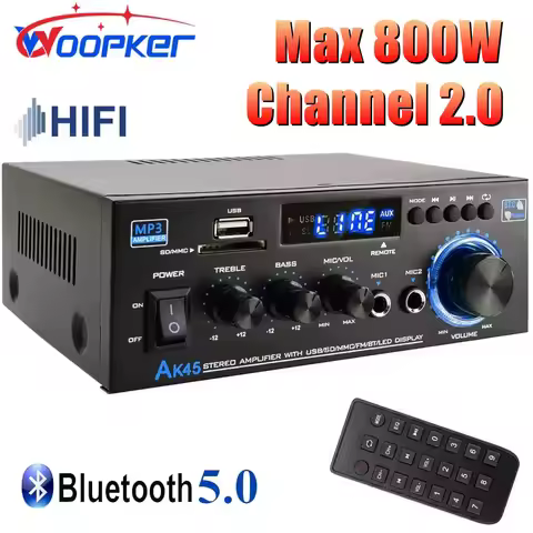 Woopker HiFi Digital Amplifier AK45 Bluetooth MP3 Channel 2.0 Sound AMP Support 90V-240V for Home Ca