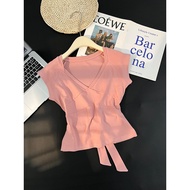 Pink Slim-Fit V-Neck T-Shirt for Women - Summer Flutter Sleeve with Back Strap Detail