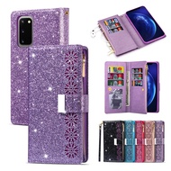 Shiny Leather Case Samsung S22 S21 S20 FE Note20 Ultra S10 Plus Note10 9 Flip Laser carving Pretty Bracket Wallet Cover Casing