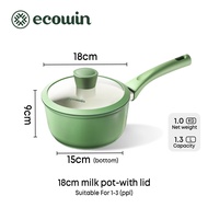 Ecowin กระทะไม่ติดกระทะทอดลึก กระทะ หม้อซุป หม้อนม สีเขียว พร้อมฝาปิด การนำความร้อนอย่างรวดเร็วและเค