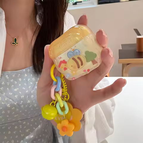 Cute Bee Ornaments Headphone Case For Apple Airpods Pro 2 3 4 Cover with Flower Charm Keychain Silic
