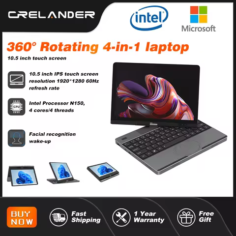 CRELANDER Yoga Laptop 360° Rotating Intel N150 CPU 10.5 " Touch Screen 2K 60Hz Refresh Rate M2 SSD F
