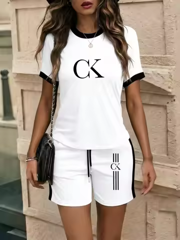 Summer Casual Sports Suit with Contrasting Edges, Ck Letter Line Print Short-Sleeve and Shorts Two-P