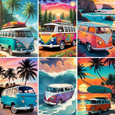 Diamond Painting Kits for Camper Van, Car, Bus, Diamond Mosaic, Full Diamond Embroidery, Summer Sea 