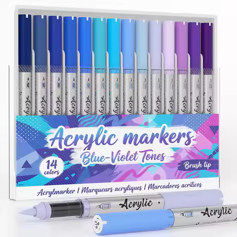 Automatic Ink Control Acrylic Paint Markers, 14 Colors Brush Tip Acrylic Paint Pens Set with 5 Profe
