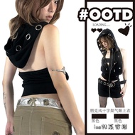 Áo Khoác Không Tay Punk Style Cross Eye Zipper Hooded Backless Y2K Millennium Hot Girl Áo Vest Nữ Mù