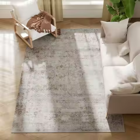 Area Rug 5x7, Machine Washable Rug, Non-Slip Traditional Floor Cover Foldable Carpet, Light Mixed-Br