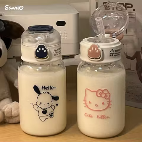 500ML Sanrio Hello Kitty Water Bottle Transparent Straw Water Bottle Diy Anime Kuromi Cinnamoroll Pl