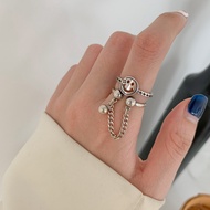 Funky Retro Multilayer Smiley Face Chain Silver Ring adjustable band-width  复古风做旧双层笑脸镂空链条摇摆银色指环开口设计可