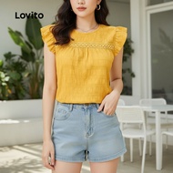 (trendy4)Lovito Casual Plain Jacquard Lace Ruffle Spring/Summer Yellow Blouse for Women L134ED448