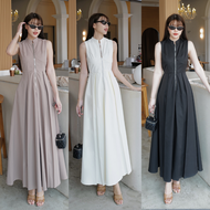 INTUON   #4763  เดรสยาวแขนกุด ชิปหน้าใช้ได้จริง แต่งจีบช่วงกระโปรงทำให้กระโปรงมีทรงมีชับใน เนื้อผ้าไ