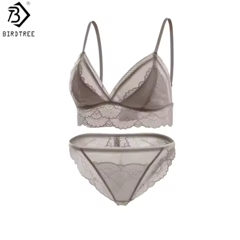 Birdtree, Real Silk Bra Brief Set, Women Triangle Cup Underwear, Low Waist Brief, Lace Elegant Sets,