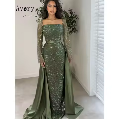 Avery Custom Green Fishtail Shiny Long Sleeve Evening Dresses 2026 Luxury Woman Elegant Evening Dres