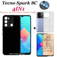 เคสโทรศัพท์ Tecno Spark 8C แบบ4 In 1เคส TPU สีดำแบบนิ่มสำหรับโทรศัพท์คุณภาพสูง + ฟิล์มหน้าจอเซรามิก + ฟิล์มหลัง + ฟิล์มเลนส์สำหรับ Tecno Spark GO 2022