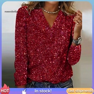 RR Women Top Regular Fit Women Top Sparkling Sequin V-neck Long Sleeve Blouse for Women Stylish Comf