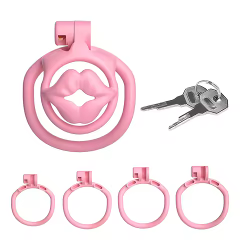 Faux Lip Male Chastity Device Breathable Cock Cage Erotic Urethra Mini Lock with 4 Penisring Bondage