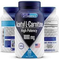 Acetyl L-Carnitine 1000mg Capsules - 200 Easy to Swallow Veggie Capsules - Acetyl l Carnitine Supple