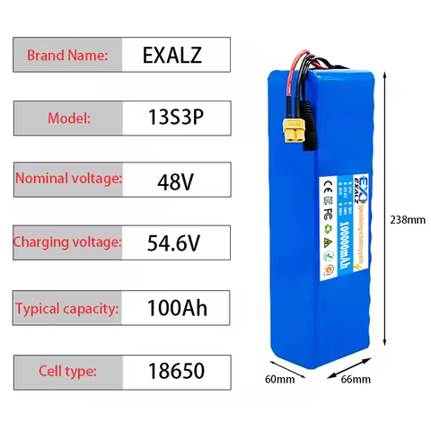 13S3P 48V 100Ah E-Bike Battery Pack - 1000W 30A BMS Protected with Charger for Electric Scooter and 