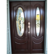 Pintu Kayu Cermin Meranti Solid Pintu Depan Rumah Full Solid Wooden Door Tempered Glass (Tidak Terma