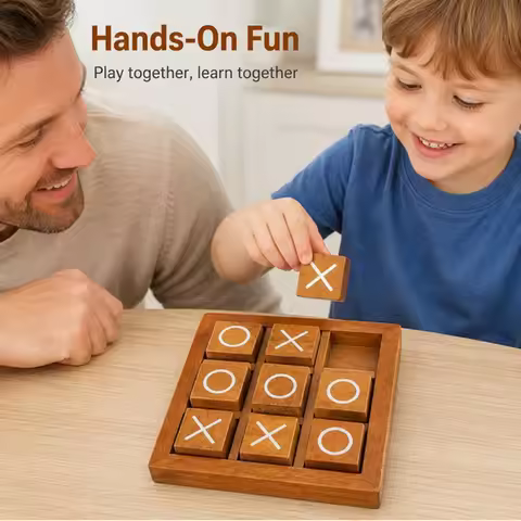 Classic Wooden Tic Tac Toe Game Set, Embedded XO Game Set, 9 Wooden Cubes, 1 Base, Ideal for Family 