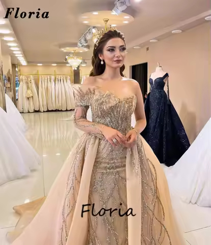 Formal Champagne Ball Gown Evening Dresses Glitter Beaded Long Sleeves Pageant Party Dress Elegant D