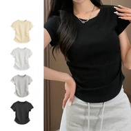 Women Casual Plain Ruched T-Shirt (Multi-color) ,Round Neck Short Sleevee Solid Color Shirts,Causal 