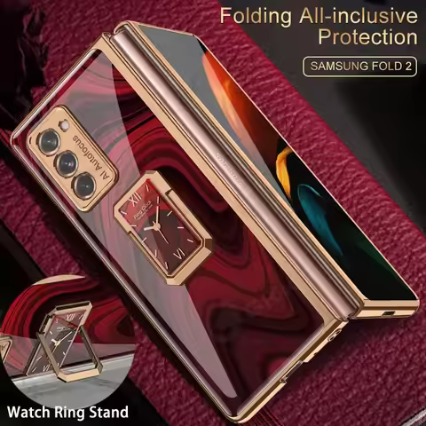 GKK Back Painted Tempered Glass Case For Samsung Galaxy Z Fold 2 Ring Holder Plating Hard Frame Cove