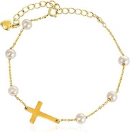 Freshwater Pearl Bracelets for Women Dainty Gold Wheat/Cross Bracelet Meaningful Bracelets Chain Lin