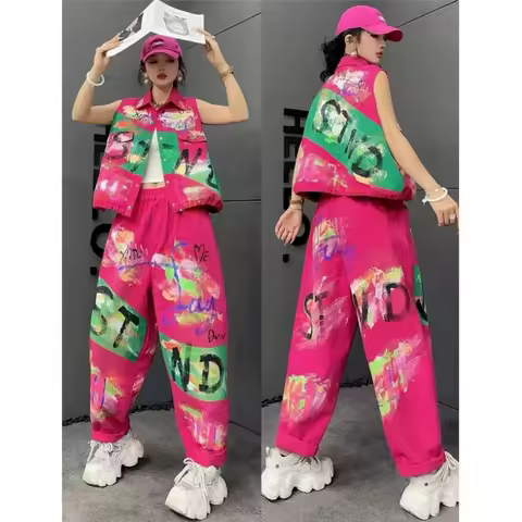 Hand-painted Design Denim Vest + Casual Wide-leg Pants Two-piece Set Women Trendy Street Fashion Out
