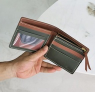 手縫牛皮錢包 拉鏈零錢袋男士皮夾 散紙袋銀包拼色 墨綠+棕色