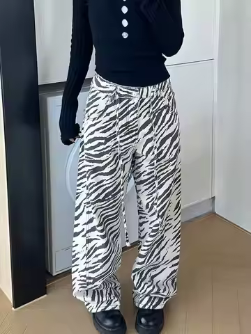 Women's Jeans Trend Zebra Print Slim Fit Wide Leg Men's Women's Pants Versatile Contrast Color Korea