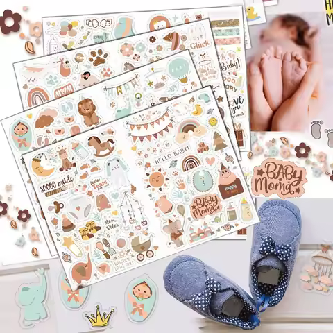 4Sheets Baby Scrapbook Stickers Baby Shower Girl Boy Scrapbooking Sticker Newborn Baby Record Journa