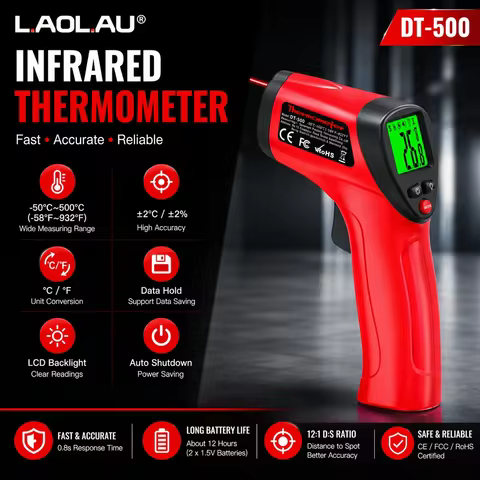 DT500 Infrared Thermometer Gun -50~550°C Non-contact Laser with 12:1 D:S, Adjustable Emissivity & LC