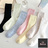 Becca-g0439 Solid Color Thin Style Hollow Mesh Breathable Socks Mid-Tube Women White