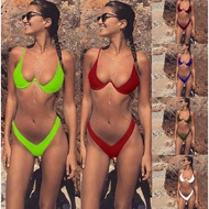 Candy Color Solid Women Bikini Push Up V Metal Underwire Bikini Set