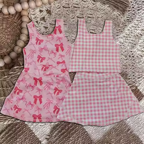 z821-05 GSD2459 Wholesale Summer kids clothes girl Bow Pattern Tank Skirt Yoga Set boutique Children