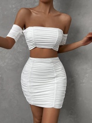 Women Sexy Off Shoulder Mini Dress Short Sleeve Backless Pleated Party Club Wear Bodycon Ruched Two Piece Set Female Frocks