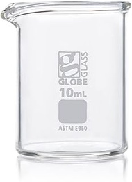 Beaker, Globe Glass, 10mL, Low Form Griffin Style, 3.3 Borosilicate Glass, ASTM E960, 12/Box