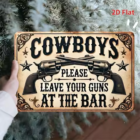 [Home Relaxation] "Cowboys Leave Your Guns at the Bar" Metal Sign – Rustic Western Wall Art with Rev